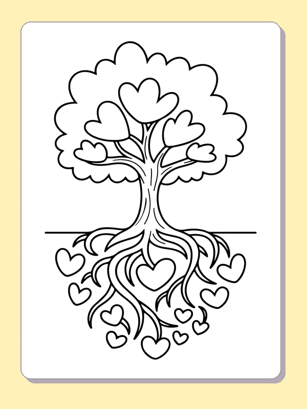 Black and white printable drawing of heart tree with exposed roots