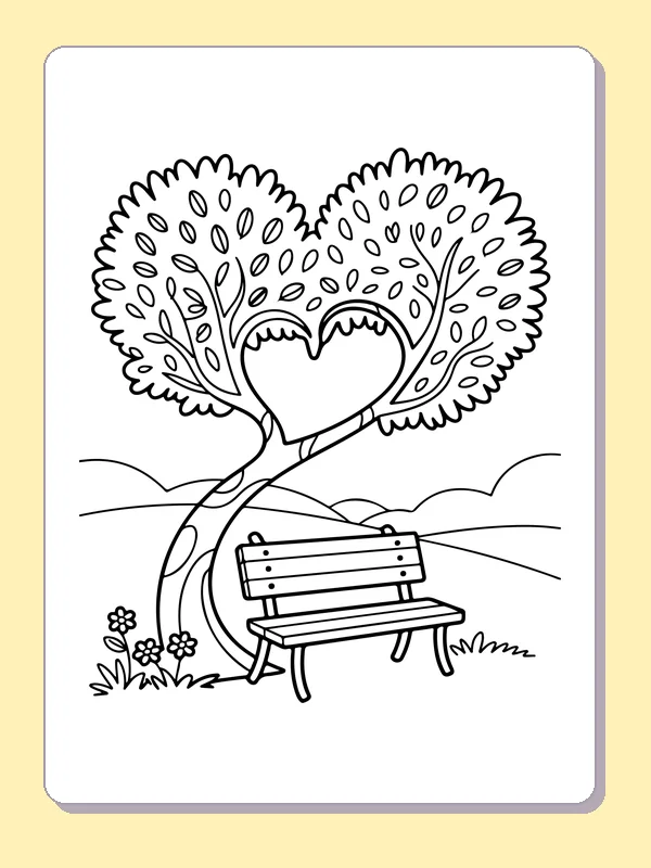 Black and white printable drawing of heart tree above a garden bench