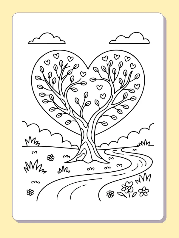 Black and white printable drawing of heart tree beside a winding path