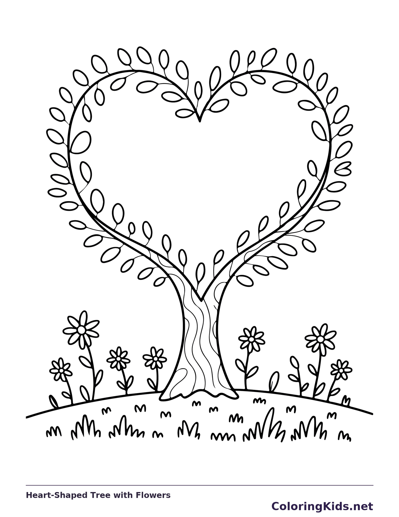 Black and white printable drawing of heart-shaped tree with flowers