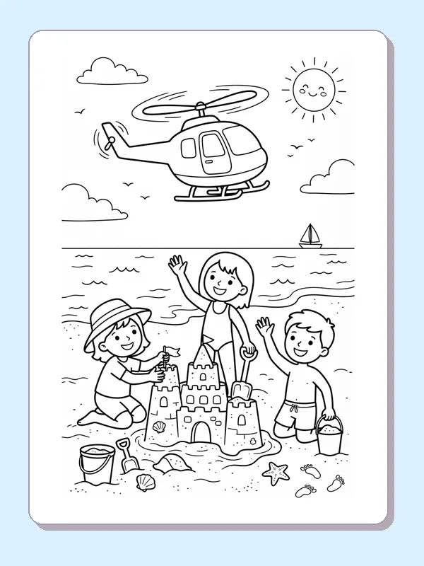 A helicopter above a beach where children build a sandcastle by the sea.