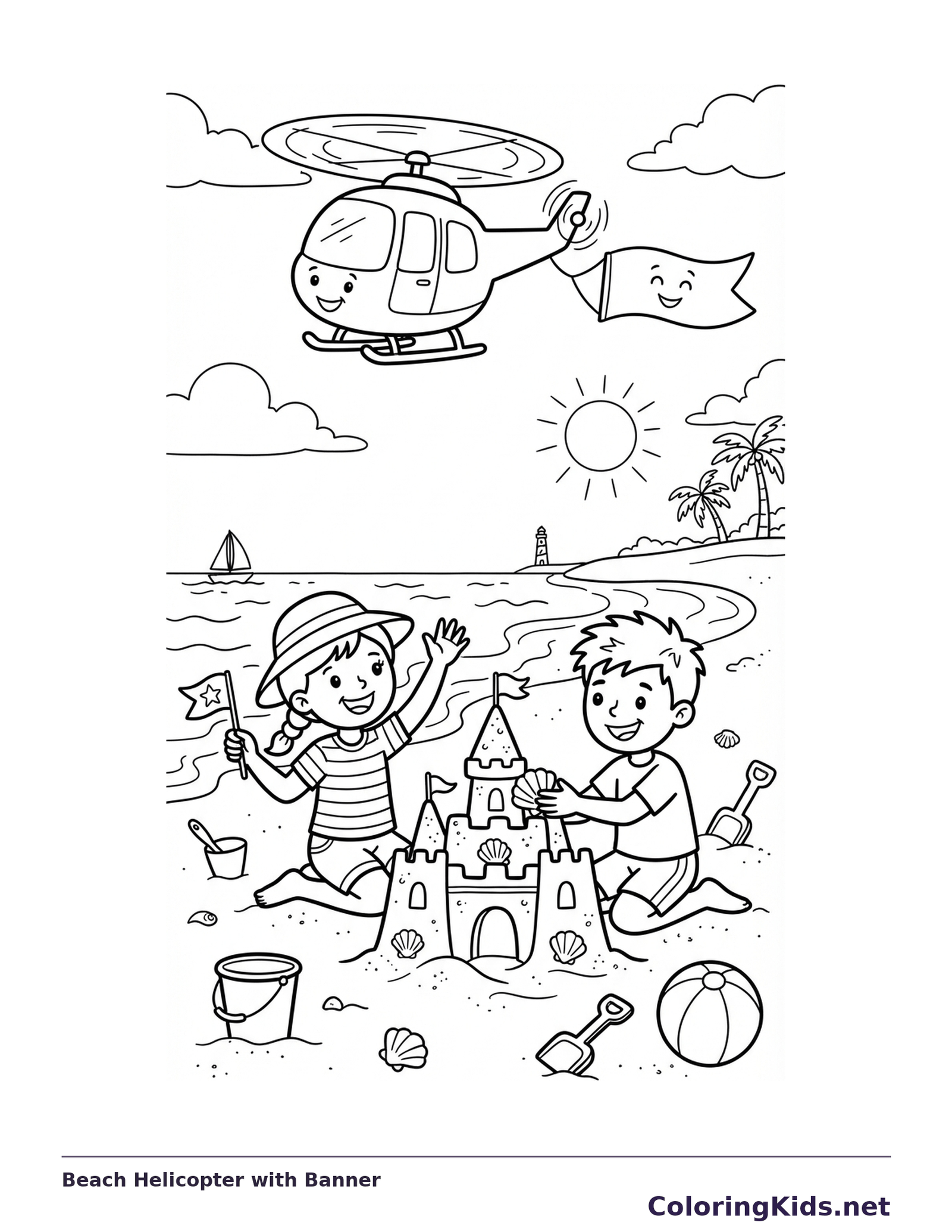 A cheerful helicopter towing a banner above two children making a sandcastle.