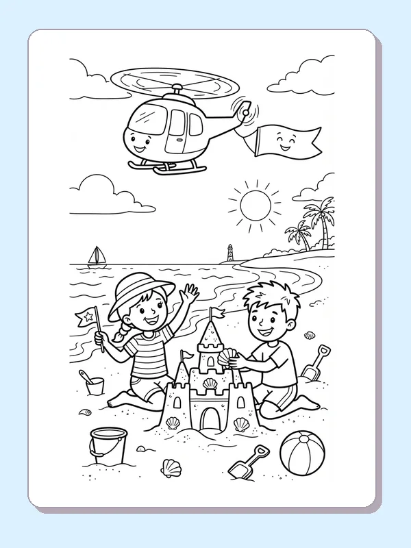 A cheerful helicopter towing a banner above two children making a sandcastle.