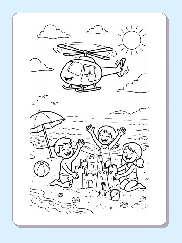 Helicopter above three children building a sandcastle beside the sea and beach umbrellas.