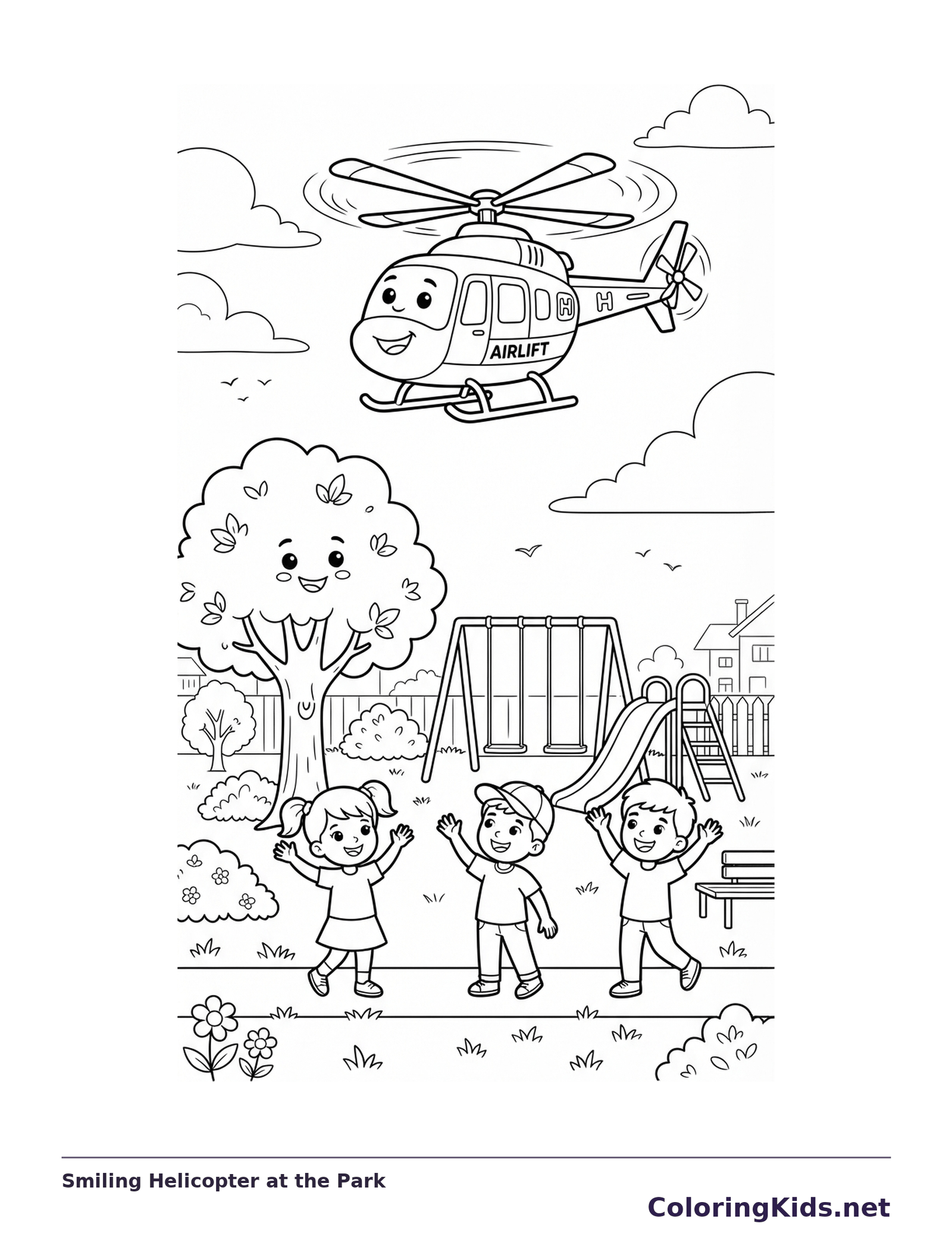 A smiling helicopter hovering over children beneath trees beside playground swings.