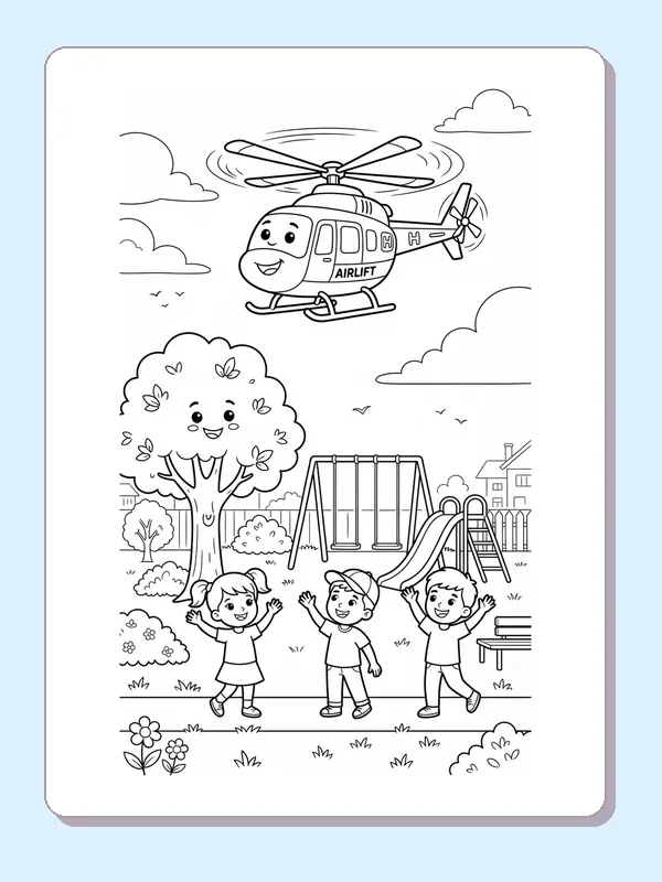 A smiling helicopter hovering over children beneath trees beside playground swings.