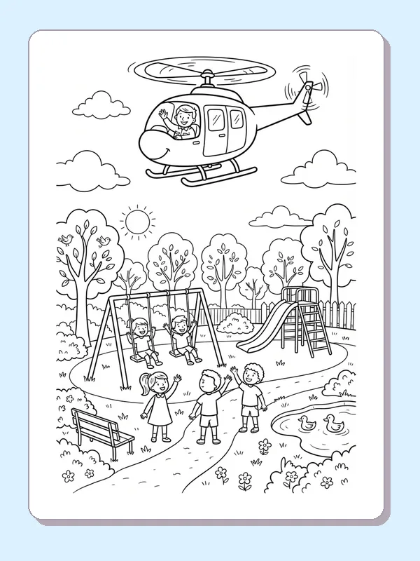 Helicopter flying over a playground with swings, a slide, children, trees and a bench.