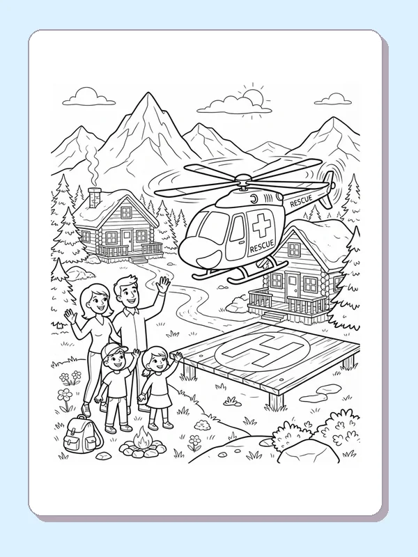A rescue helicopter near a mountain cabin while a family waves from the ground.