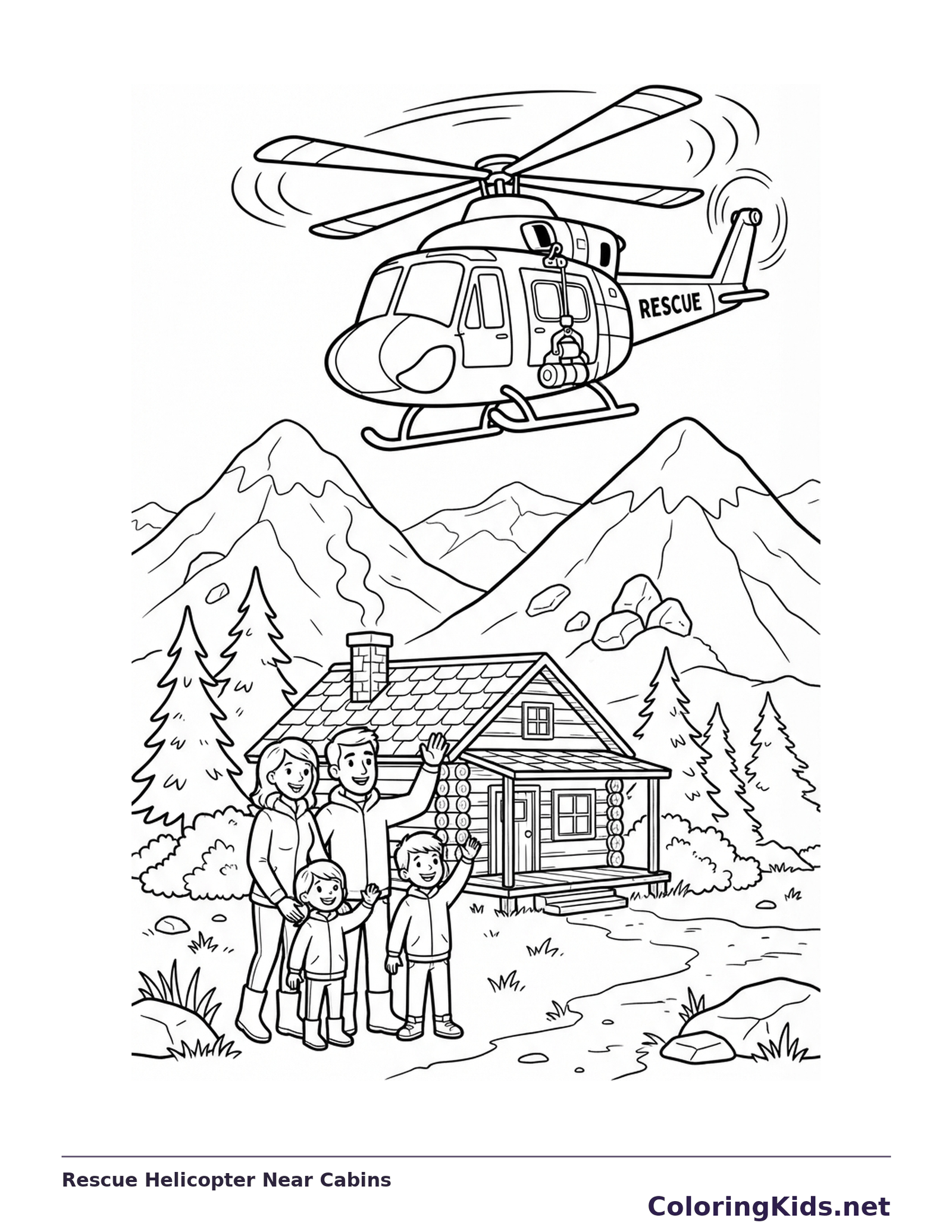 Marked rescue helicopter over mountain cabins with a waving family and peaks behind them.