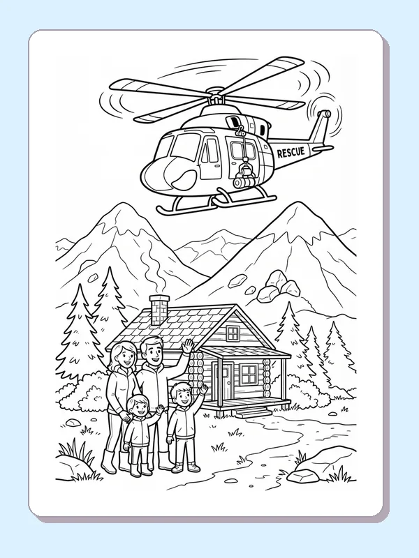 Marked rescue helicopter over mountain cabins with a waving family and peaks behind them.