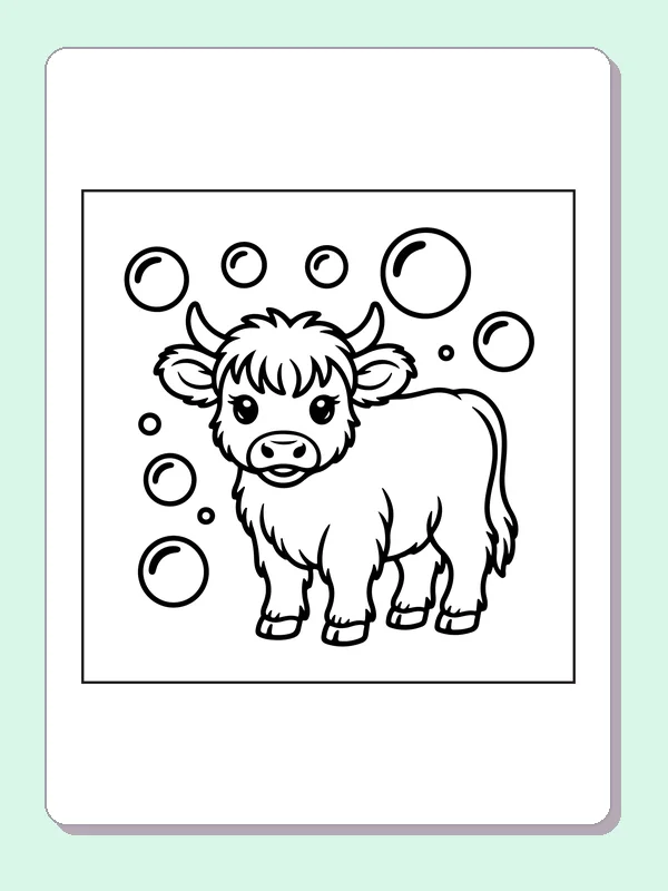 Highland calf among bubbles coloring page: black and white line art to print or color online