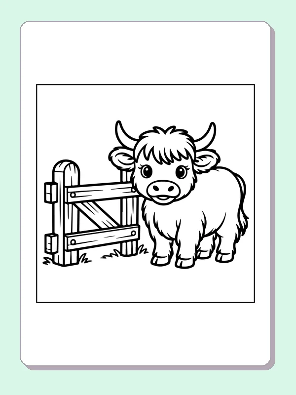 Highland calf at a farm gate coloring page: black and white line art to print or color online