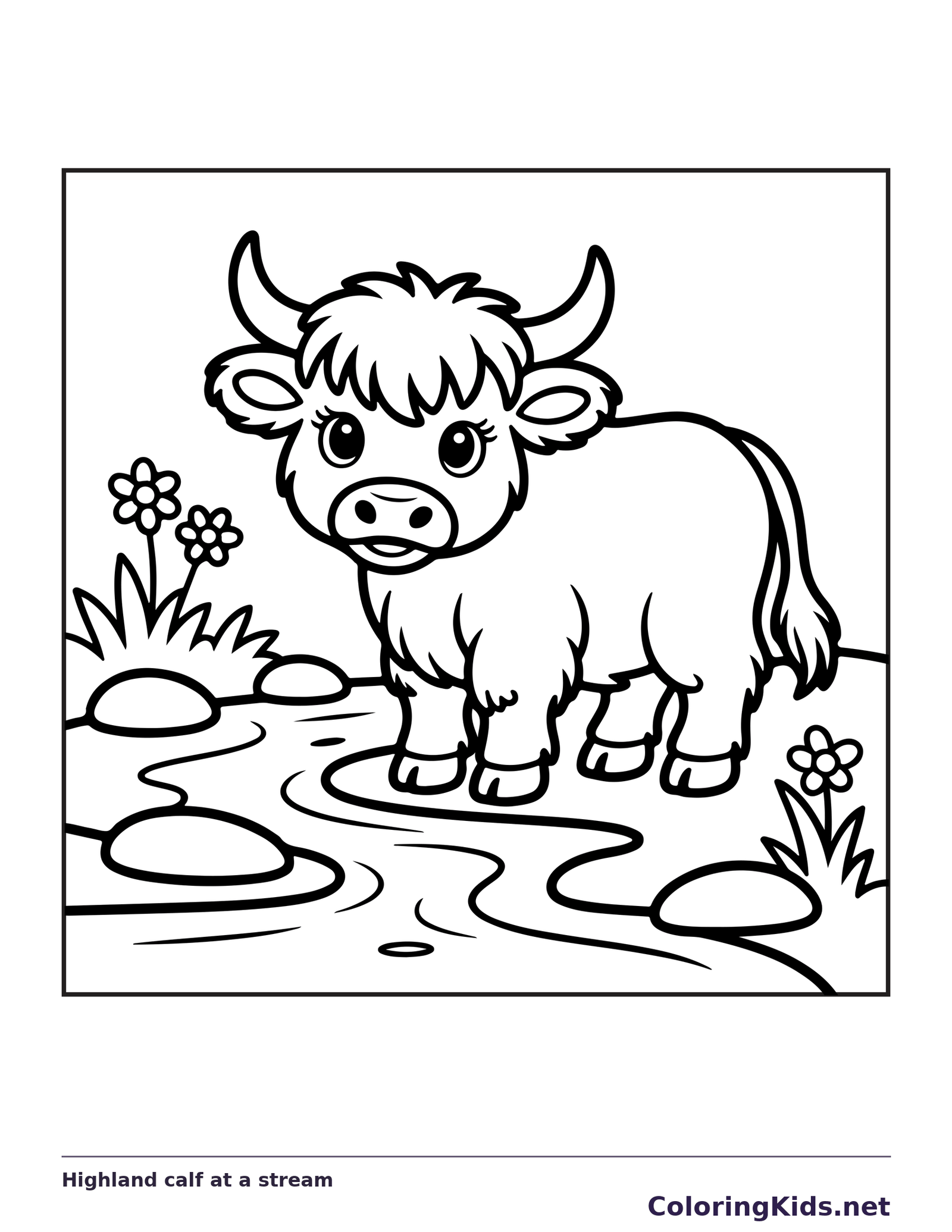 Highland calf at a stream coloring page: black and white line art to print or color online