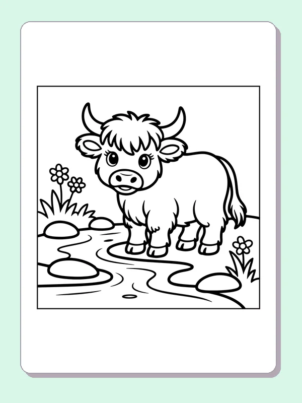 Highland calf at a stream coloring page: black and white line art to print or color online