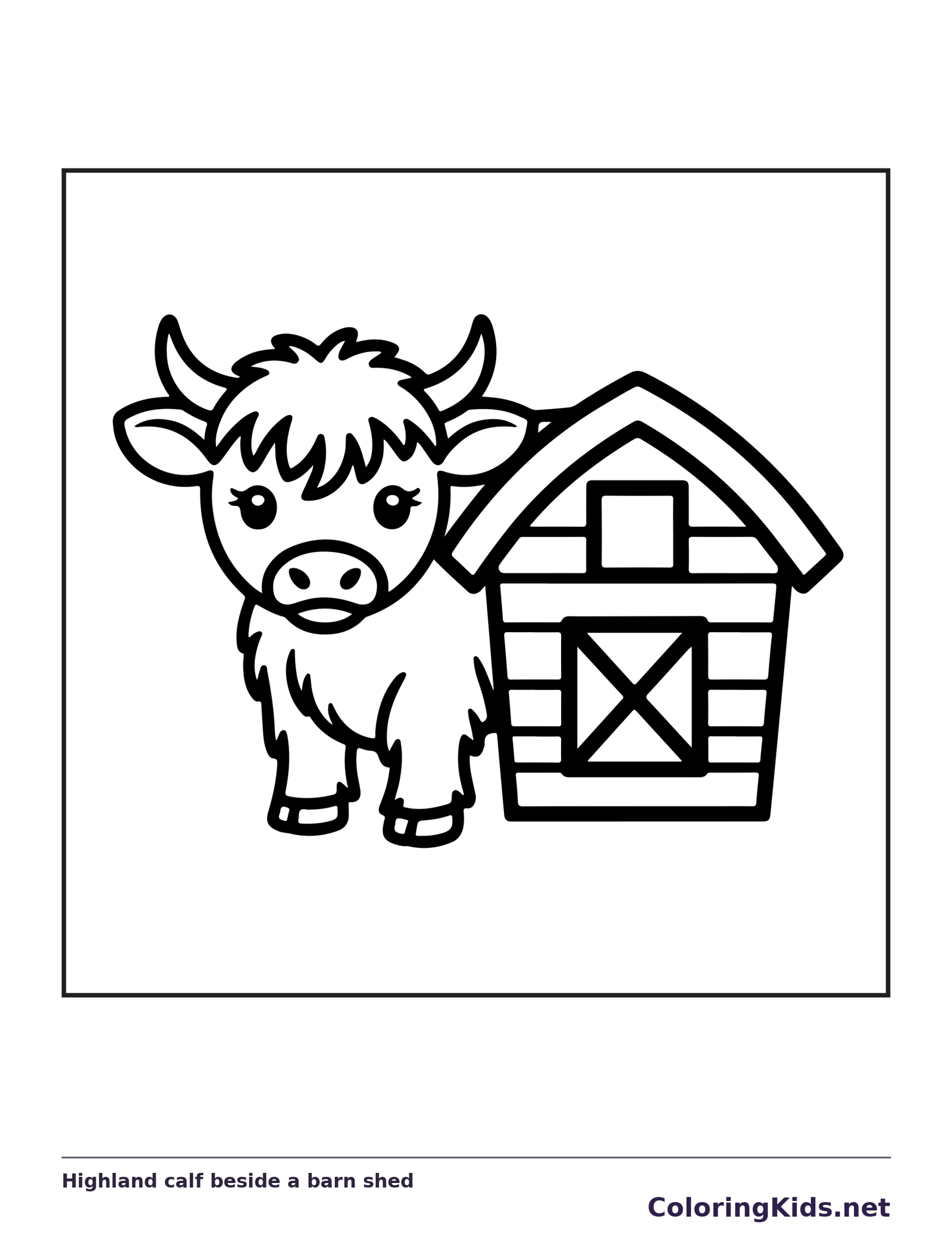 Highland calf beside a barn shed coloring page: black and white line art to print or color online