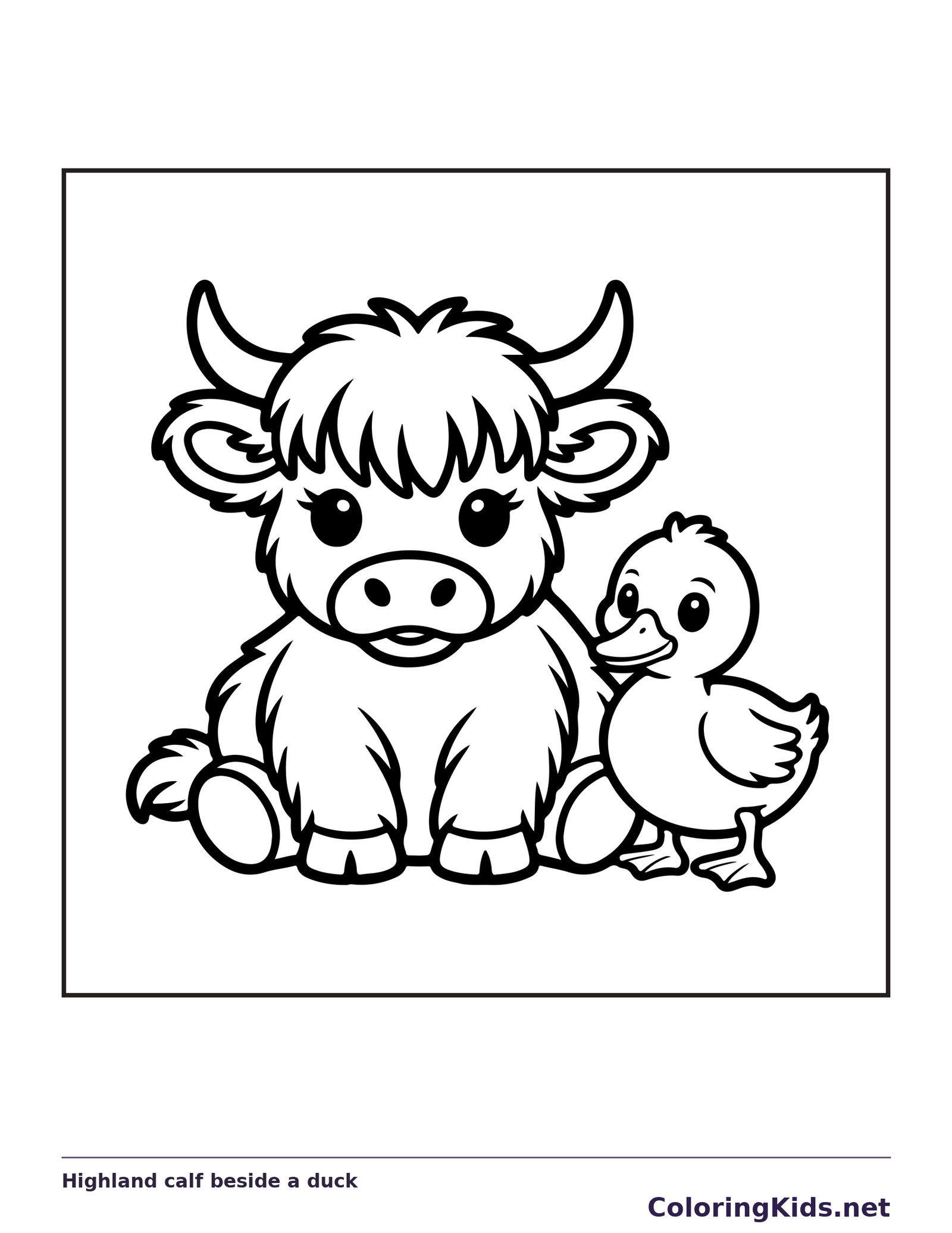 Highland calf beside a duck coloring page: black and white line art to print or color online