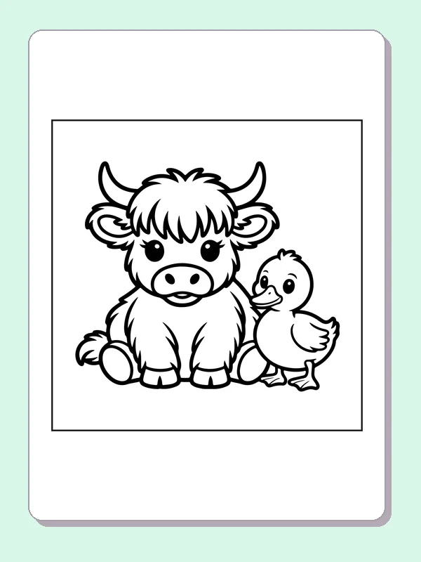 Highland calf beside a duck coloring page: black and white line art to print or color online