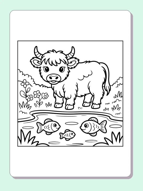 Highland calf beside a fish pond coloring page: black and white line art to print or color online