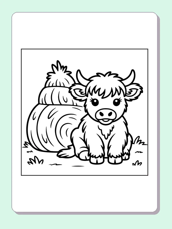 Highland calf beside a hay bale coloring page: black and white line art to print or color online