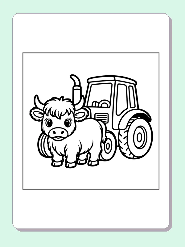 Highland calf beside a tractor coloring page: black and white line art to print or color online