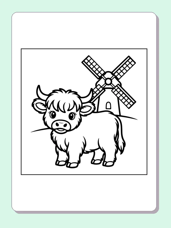 Highland calf beside a windmill coloring page: black and white line art to print or color online