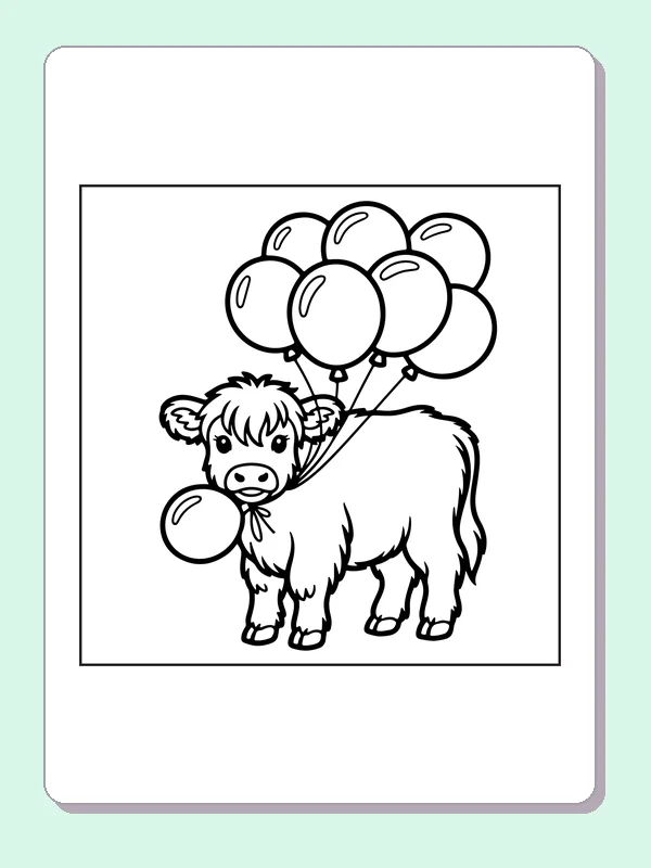 Highland calf carrying balloons coloring page: black and white line art to print or color online