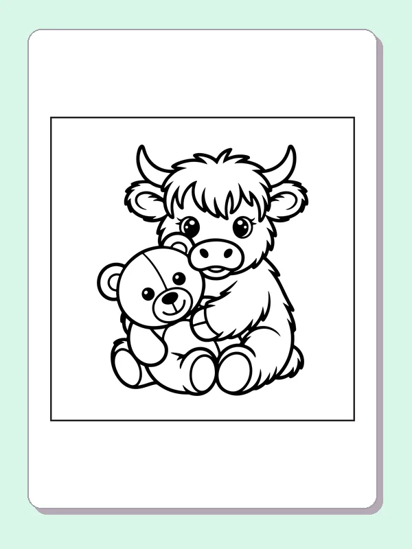 Highland calf hugging a teddy bear coloring page: black and white line art to print or color online