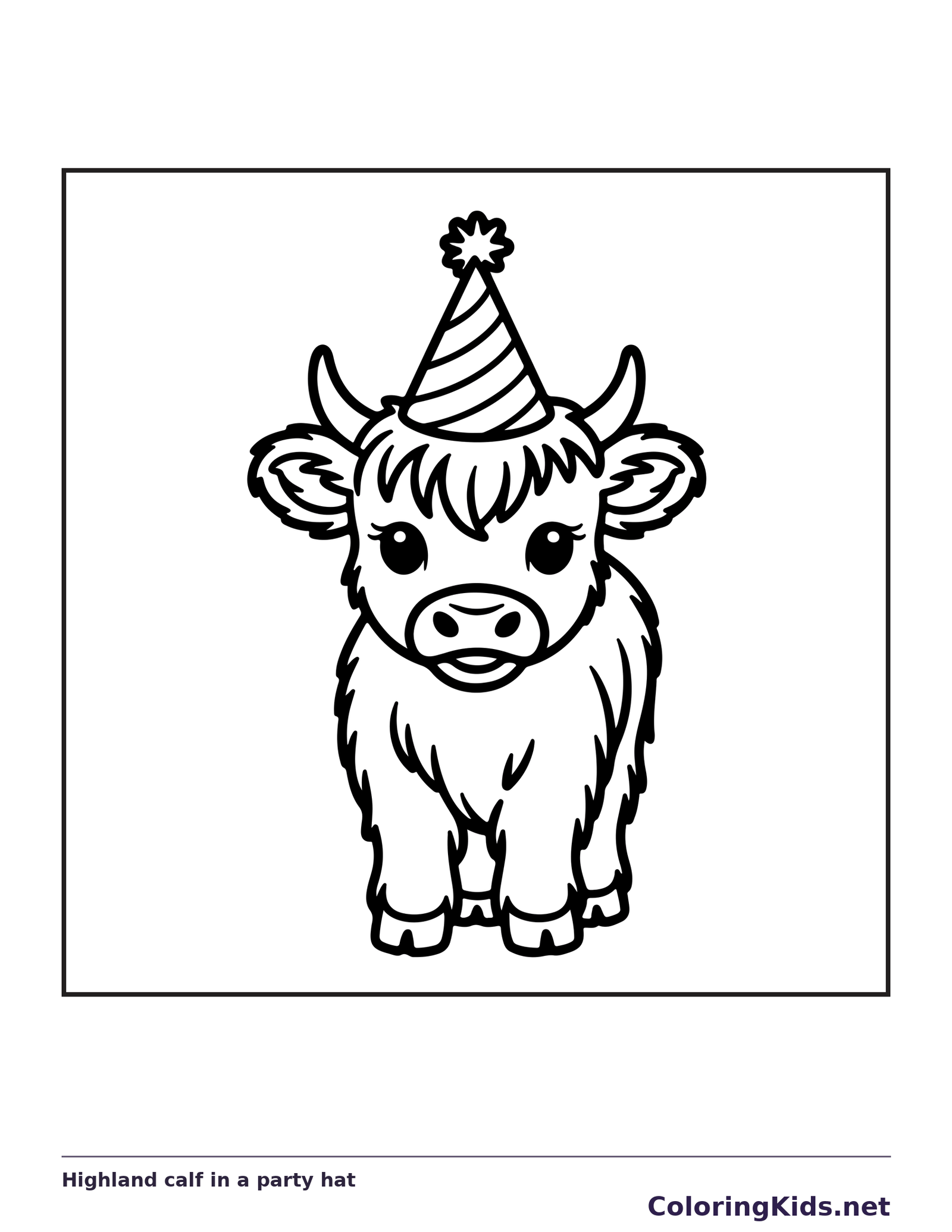 Highland calf in a party hat coloring page: black and white line art to print or color online