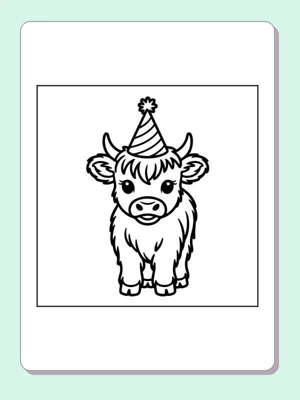 Highland calf in a party hat coloring page: black and white line art to print or color online