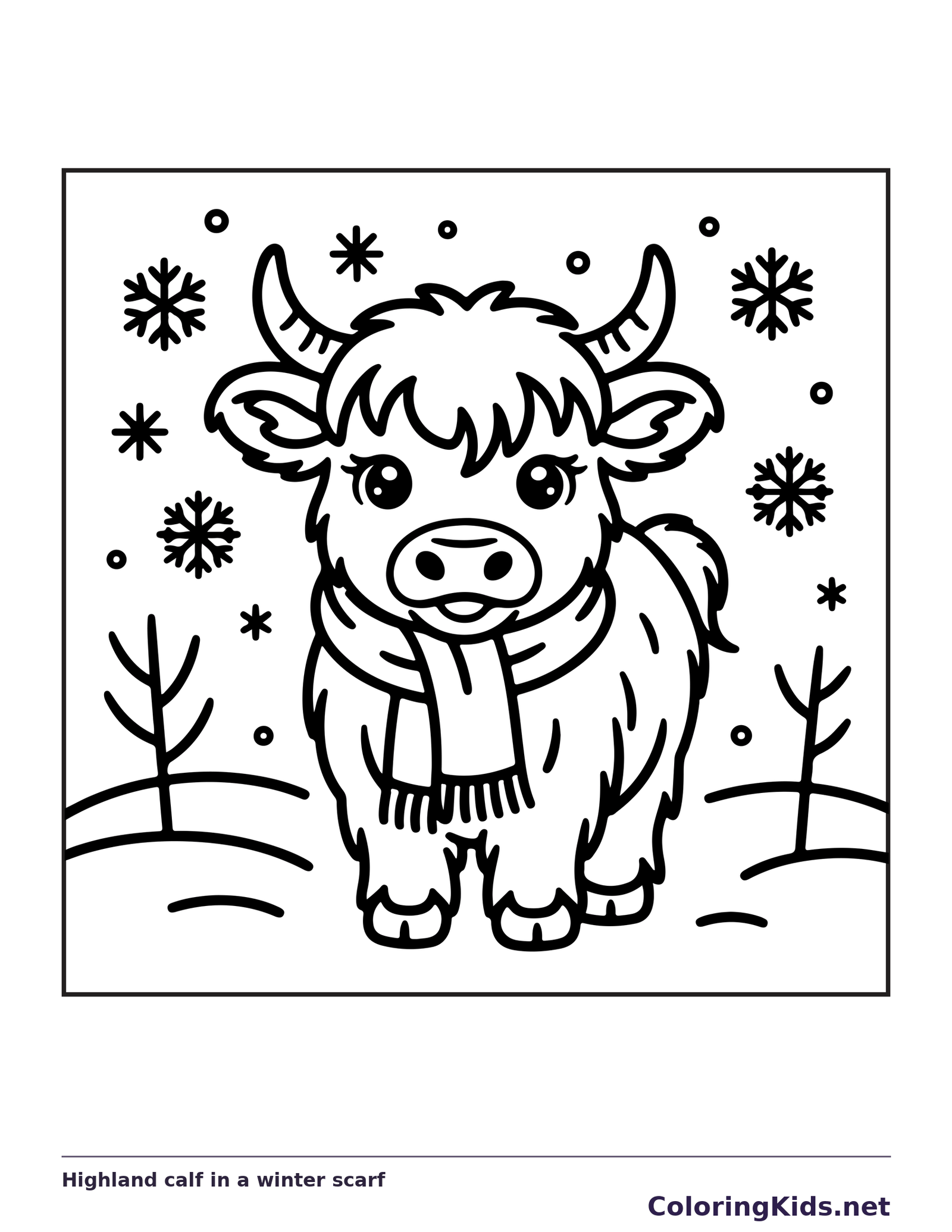 Highland calf in a winter scarf coloring page: black and white line art to print or color online
