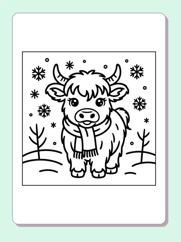 Highland calf in a winter scarf coloring page: black and white line art to print or color online