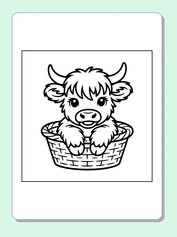Highland calf in a woven basket coloring page: black and white line art to print or color online