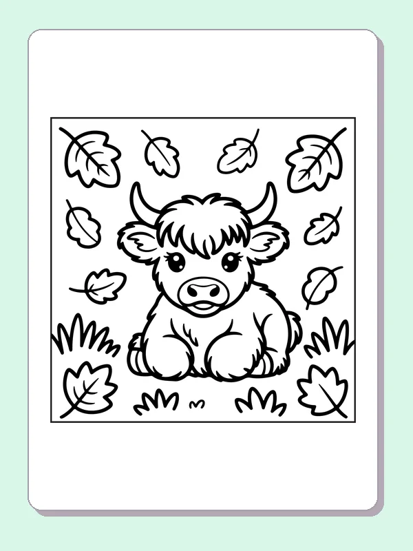 Highland calf in falling leaves coloring page: black and white line art to print or color online
