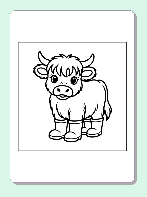 Highland calf in rain boots coloring page: black and white line art to print or color online
