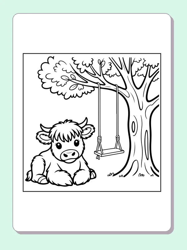 Highland calf near a tree swing coloring page: black and white line art to print or color online