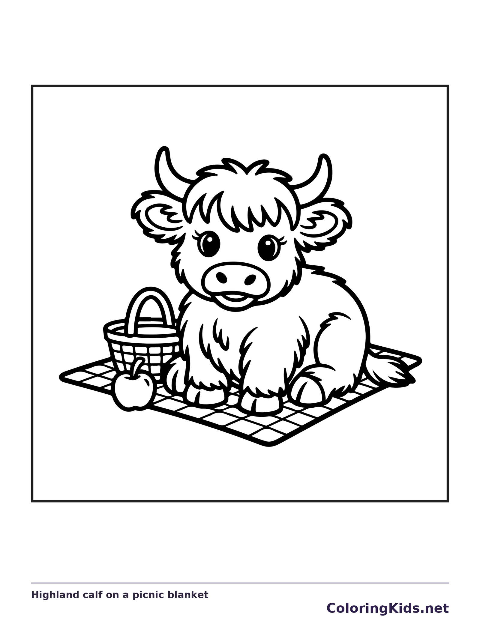 Highland calf on a picnic blanket coloring page | ColoringKids.net