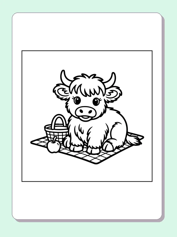 Highland calf on a picnic blanket coloring page: black and white line art to print or color online