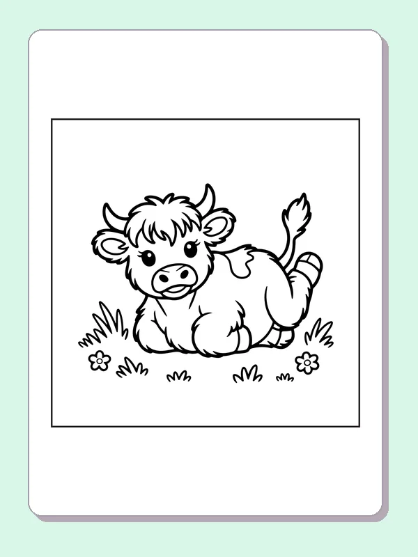 Highland calf resting in the meadow coloring page: black and white line art to print or color online