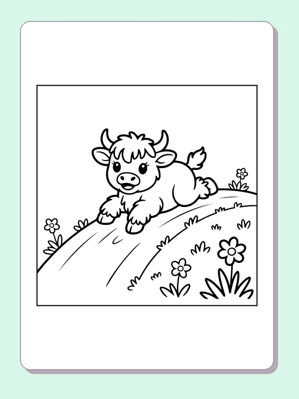Highland calf running down a hill coloring page: black and white line art to print or color online