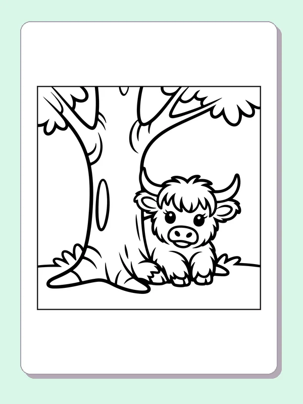 Highland calf under a big tree coloring page: black and white line art to print or color online