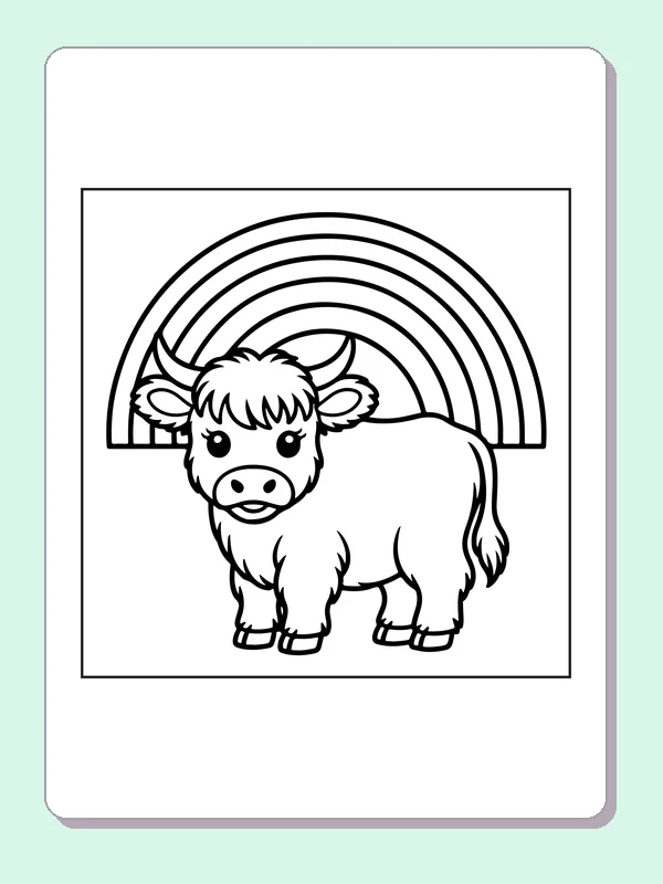 Highland calf under a rainbow coloring page: black and white line art to print or color online