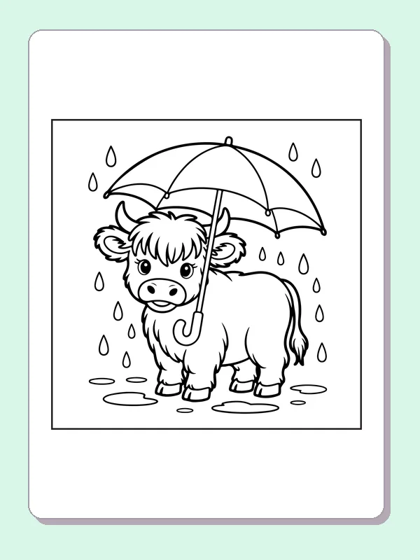 Highland calf under an umbrella coloring page: black and white line art to print or color online