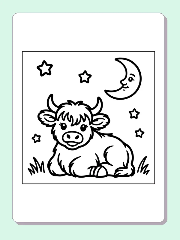 Highland calf under the moon coloring page: black and white line art to print or color online