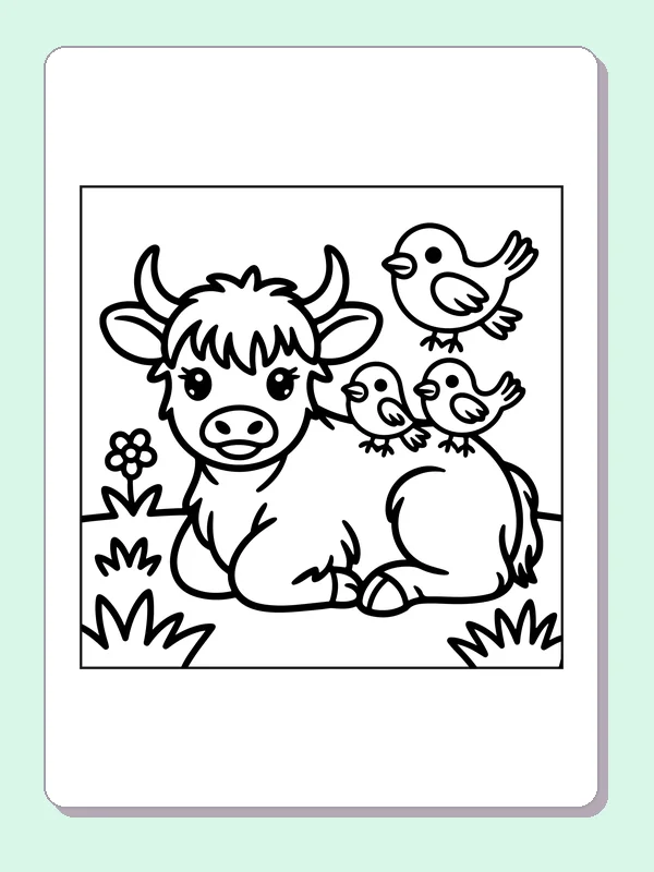 Highland calf watching birds coloring page: black and white line art to print or color online