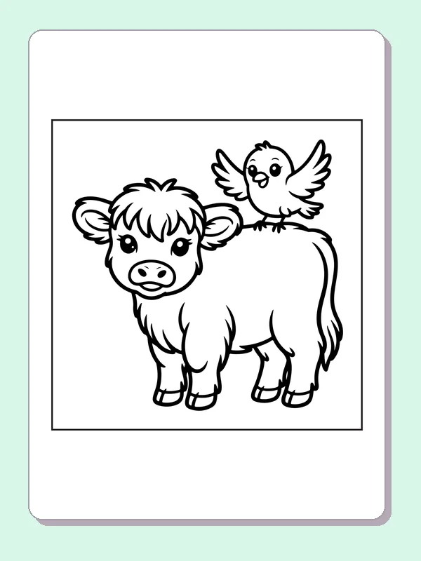 Highland calf with a bird on its back coloring page: black and white line art to print or color online
