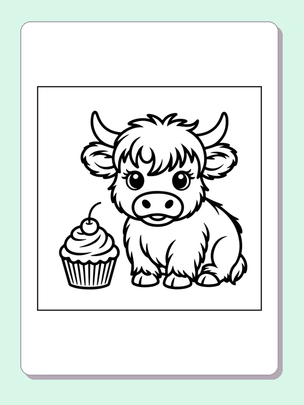 Highland calf with a cupcake coloring page: black and white line art to print or color online