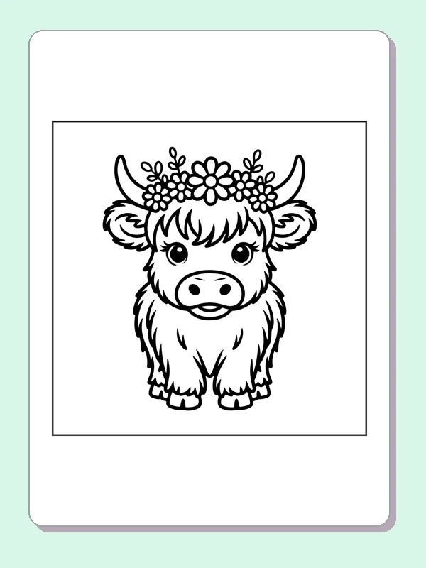 Highland calf with a flower crown coloring page: black and white line art to print or color online