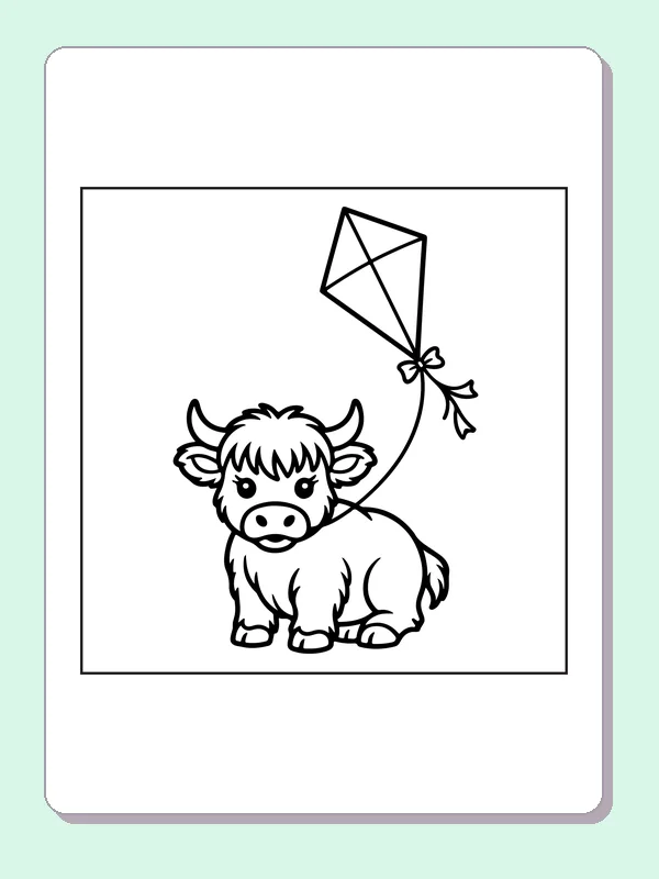 Highland calf with a kite coloring page: black and white line art to print or color online