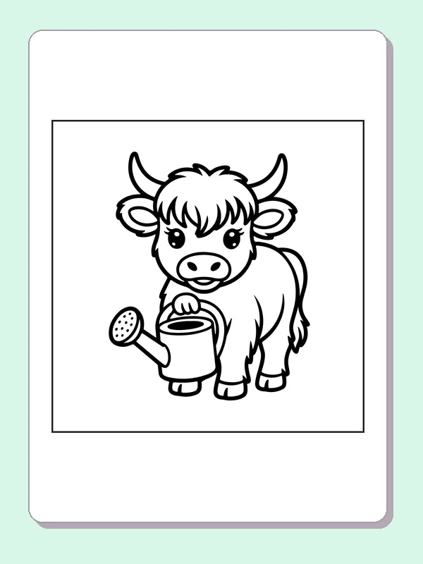 Highland calf with a watering can coloring page: black and white line art to print or color online