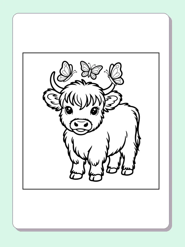 Highland calf with butterflies coloring page: black and white line art to print or color online